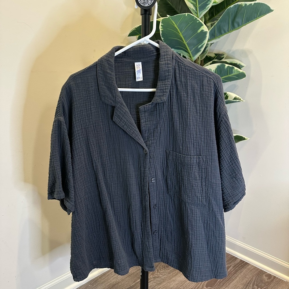 Stars Above Charcoal Gray Button-Up Pajama Top